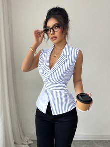 Elenzga 女士条纹束腰荷叶边下摆衬衫 - 彩色 - 查看 6