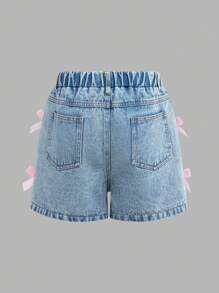 SHEIN Conjunto de 2 piezas para niñas preadolescentes, camiseta de manga corta blanca con decoración de lazo y pantalones cortos de mezclilla lavada, para uso casual y de viaje - Multicolor - Ver 7