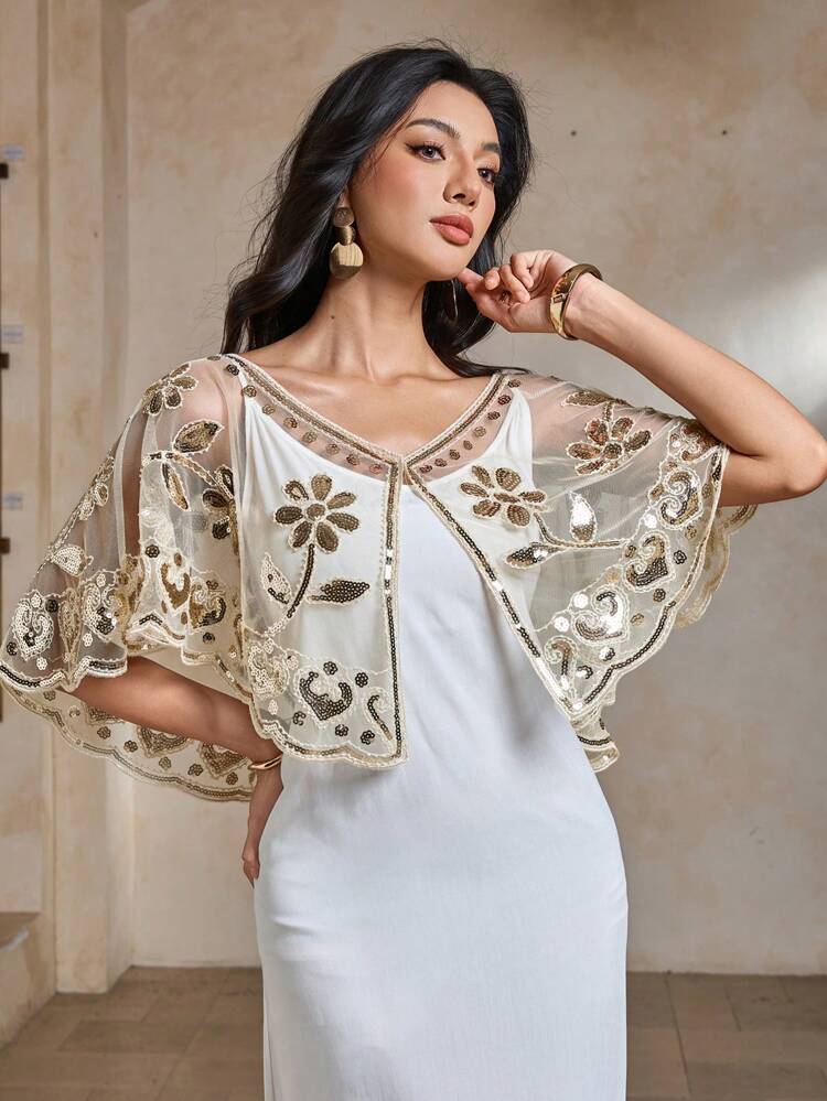 Women's Elegant Sequin Flower Embroidery V-Neck See-Through Blouse, Summer Vacation