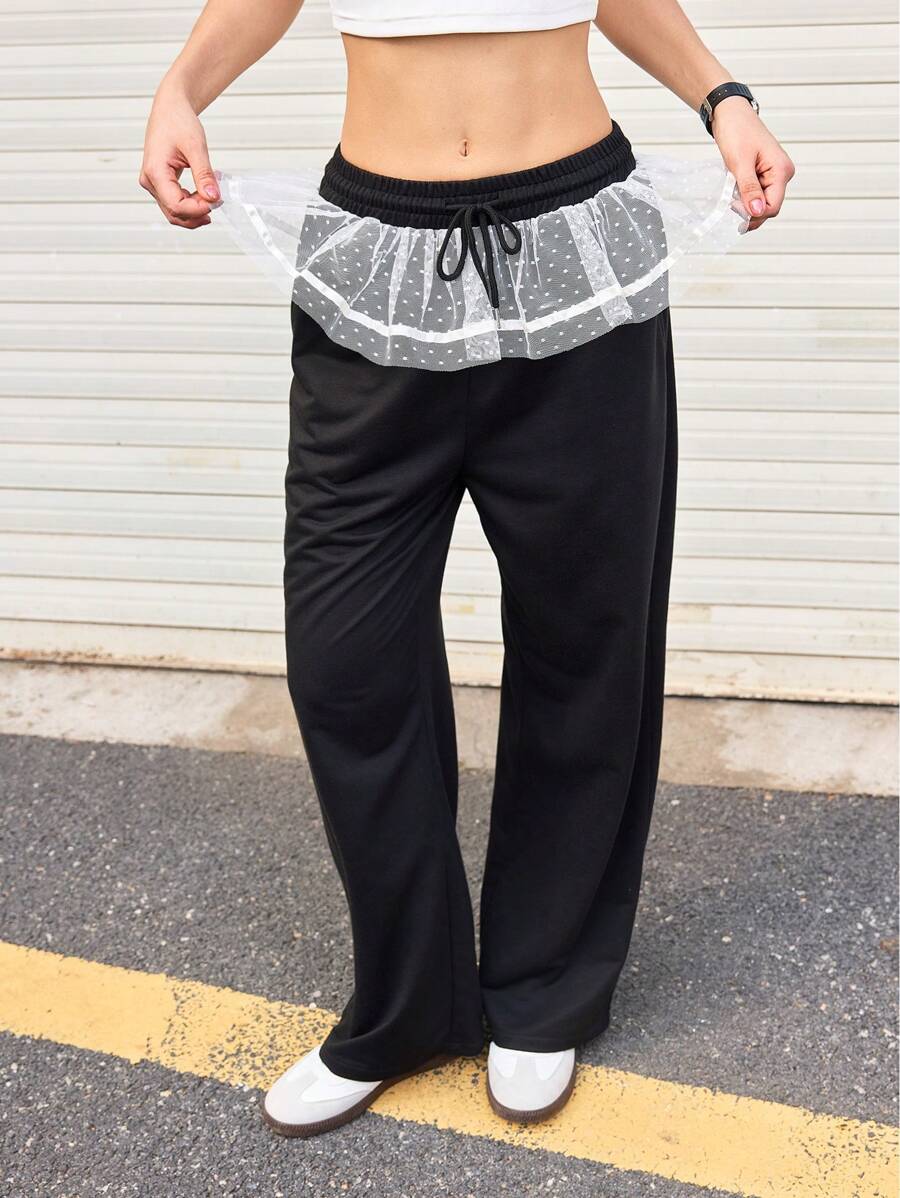 SHEIN Sports 女式网眼拼接抽绳腰部宽松运动裤 - 黑色 - 查看 1