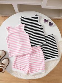 4-Piece Baby Girl Casual Versatile Striped Sleeveless Top And Pants Set Suitable For Spring And Summer Daily Wear - Multicolor - View 2