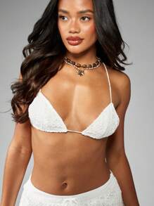 MISSGUIDED Summer Beach Resort Two Piece Set Crochet Bralette Halter Top Drawstring Lace Mini Skirt Set Vacation Pool Cover Up - White - View 5