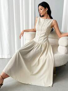 Modelyn Váy chắp vá thanh lịch đến giữa bắp chân dành cho nữ vào mùa hè - Màu be - Xem 4