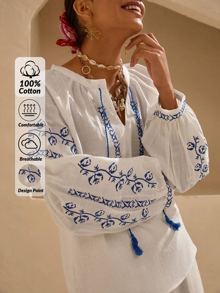 Bóhologie 波希米亞風女裝夏季上衣 100%純棉麻優質面料,刺繡細節泡泡袖高級質感襯衫 白色,適合日常、街拍、度假及其他場合穿著,白色 - 白色 - 查看 1
