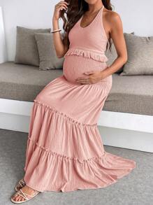 SHEIN 2pcs Maternity Tassel Outfit, Summer Clothes, Suitable For Relaxation And Vacation - Pink - View 5