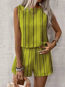 SHEIN LUNE 2pcs/Set Women Allover Print Sleeveless Tank Top & Shorts Set - Yellow - View 3