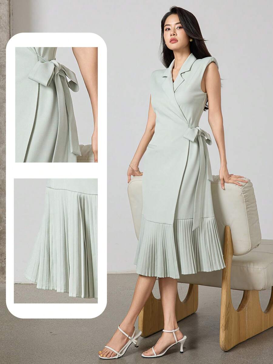 Heiryn Vestido elegante de verano de mujer con diseño envolvente y bajo plisado en un solo color