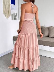 SHEIN 2pcs Maternity Tassel Outfit, Summer Clothes, Suitable For Relaxation And Vacation - Pink - View 4