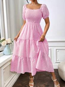 SHEIN LUNE Đầm Maxi Tay Ngắn Cổ Vuông Phồng Cho Nữ - Hồng - Xem 4