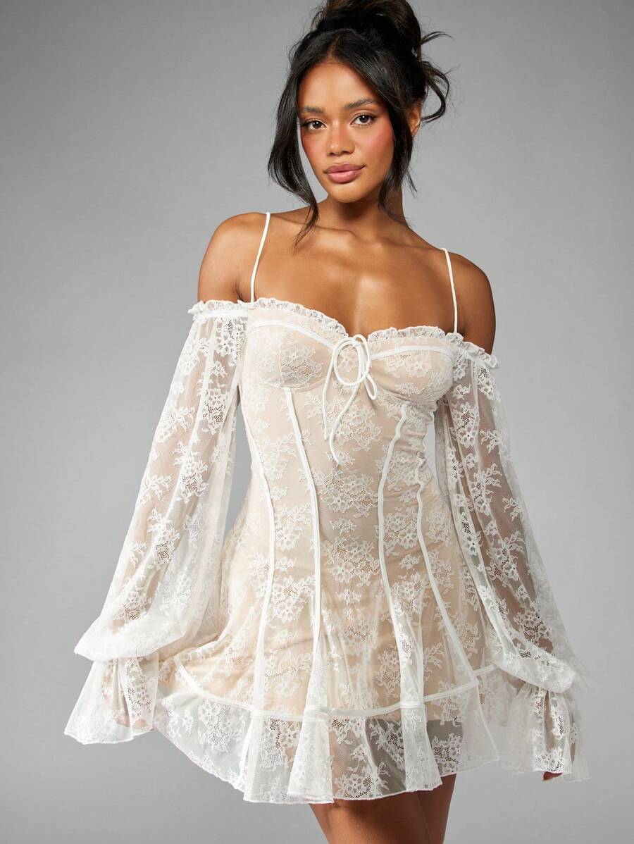 MISSGUIDED Luxurious Lace Corset Mini Dress With Balloon Sleeves Off  ShoulderMISSGUIDED