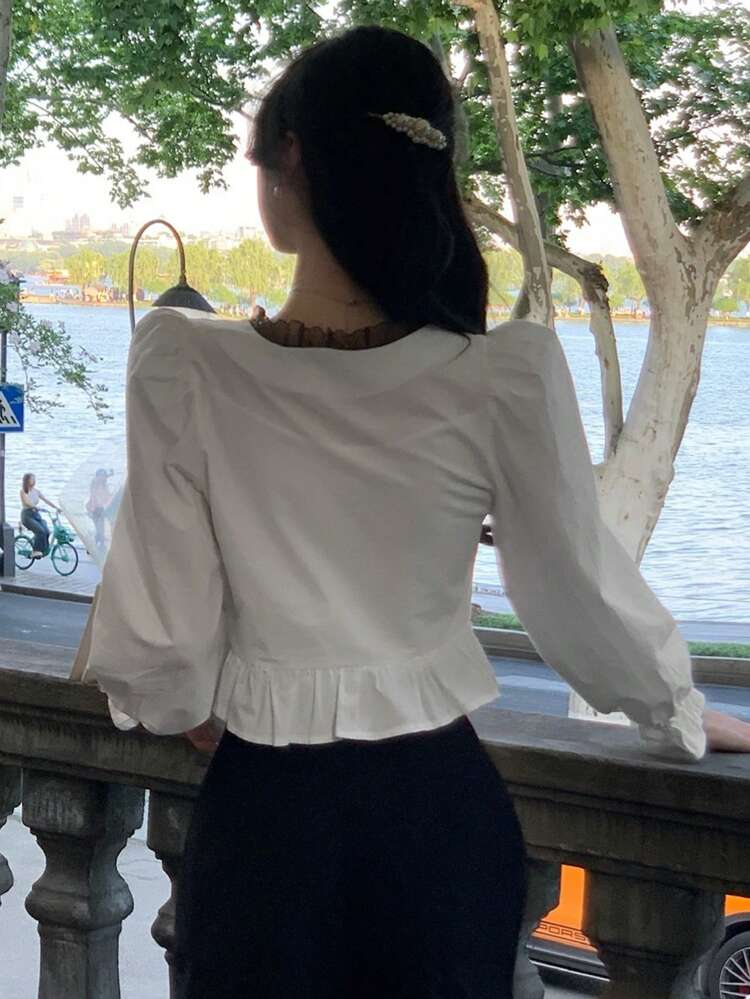 Women's Contrast Color Lace Trim Square Neck Puff Sleeve Blouse