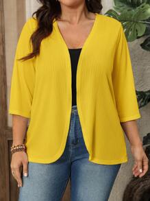 EMERY ROSE Plus Size Women's Mid-Length Sleeve Jacquard Texture Beach Vacation Coat Spring Summer Winter Fall Autumn - Yellow - View 6