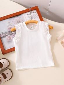 SHEIN Baby Girl 2 Pieces Ruffled Trim Sleeveless Tank And Printed Shorts Set, Summer - White - View 6