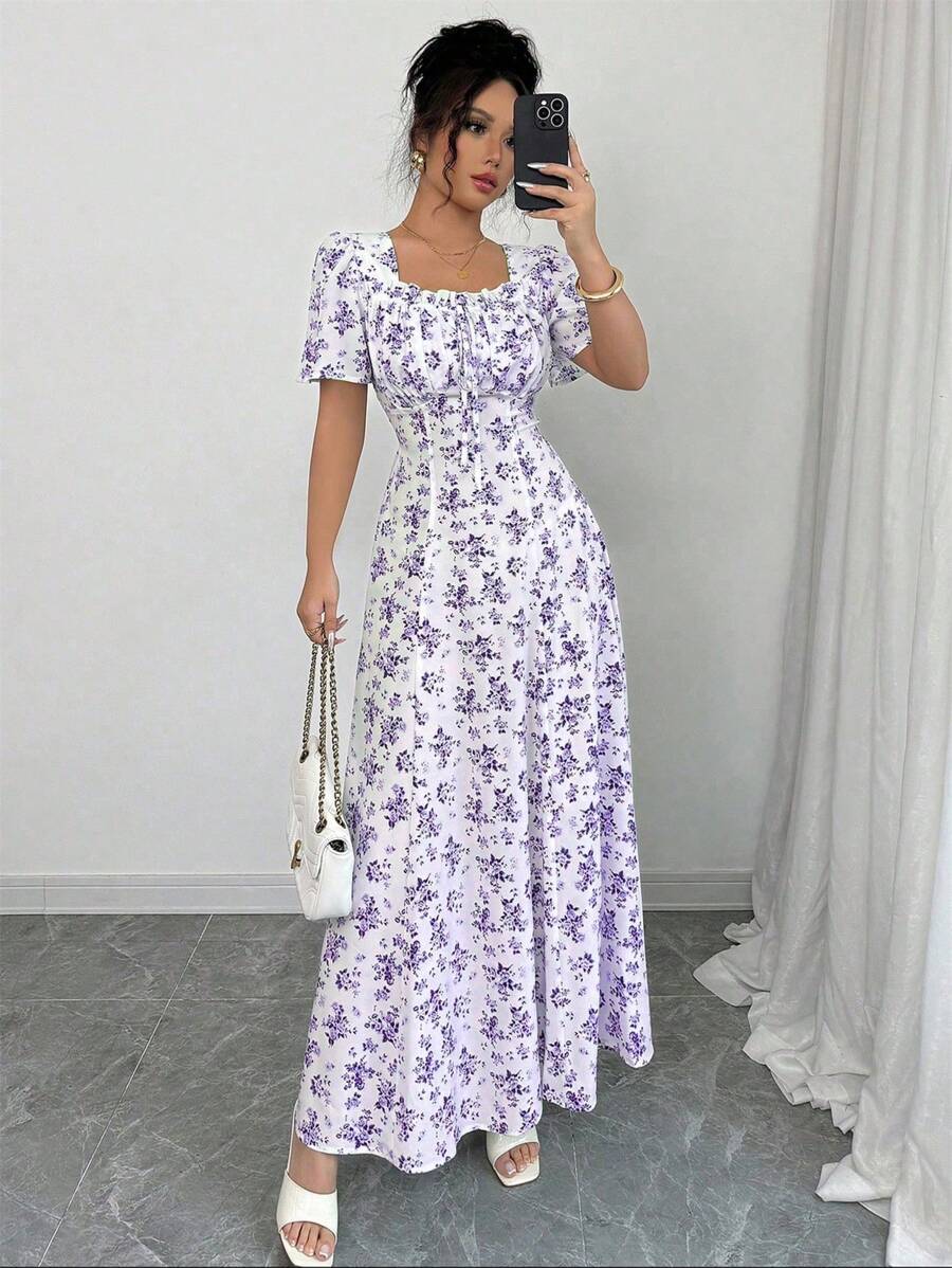 Elenzga 优雅度假休闲泡泡袖方领褶皱腰修身长裙女装春夏