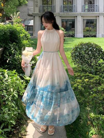 DAZY 女士渐变色花卉印花无袖中长连衣裙，休闲女装