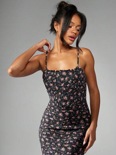 chinese dress ladies Esmeralda DITSY FLORAL PRINT RUFFLED MIDI DRESS – Yourdarlingstyle main image 0