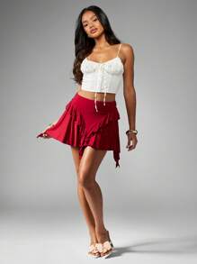 MISSGUIDED Rüschen-Stufen Mini Tanzrock mit asymmetrischer Überlagerung und Wickeldesign, für Festivals, Sommerfeste, Strandmode, Abendanlässe, Ballett, Latin-Tanz, Weihnachten