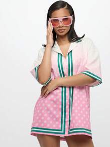 SUMWON WOMEN 纽扣前开式度假衬衫家居服数码印花周末海滩罩衫夏季假日海滩装领口上衣超大节日风格 - 粉色 - 查看 5
