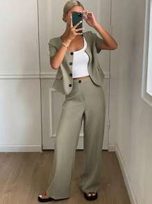 DAZY 女士U领纯色优雅西装外套及阔腿裤套装，夏季职业女装商务套装 - 卡其色 - 查看 1