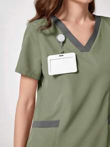 TaskEZ 手术服套装：纯色V领短袖T恤和裤子 - 橄欖綠 - 查看 5