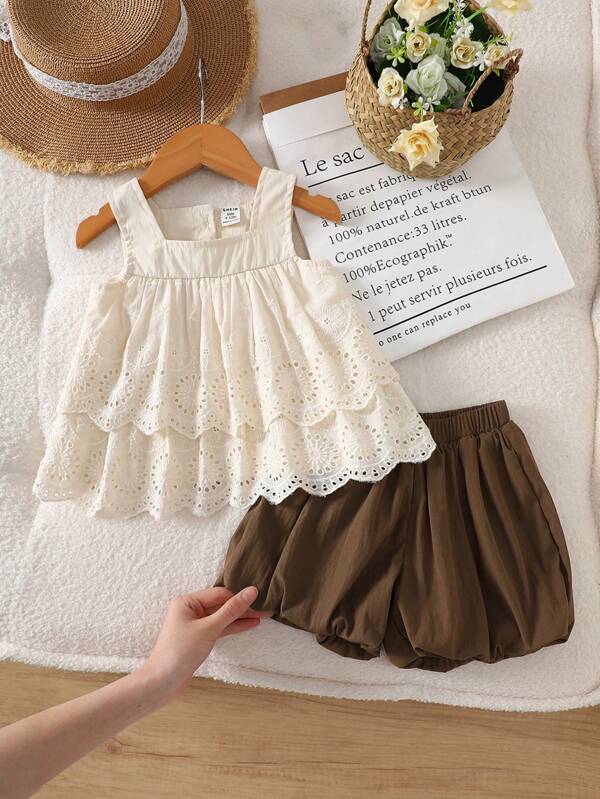 SHEIN Vintaside Kids 2 Pieces Baby Girl Fashion Casual Embroidered Lace Sleeveless Top And Shorts Set Suitable For Spring And Summer, Daily Wear Little Girl Clothes Sets
