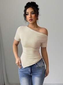 Gloray Damen Frühlings-/Sommer-Schulterfrei Gerafftes Asymmetrisch Saum Strickbund Elastisch Anliegend T-Shirt, Lässig & Modisch, Dehnbar Damen Top