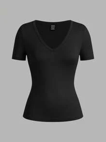 SHEIN EZwear 女式深 V 领紧身休闲短袖上衣和长袖打底 T 恤三件套，适合春夏季 - 彩色 - 查看 7