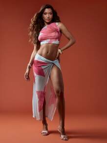 MISSGUIDED Eleganter tropischer Resort Cover-up Sarong Wickelrock Maxi Strandrock mit Blume Muster, hawaiianischer Pool-Schwimm-Pareo, lange Strandmode, Urlaubsresort