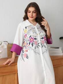 Al Najma Plus Size Women's Floral Print Polo Collar Loose Elegant Casual Arabic Style Dress, Spring/Summer, Modest - Multicolor - View 4