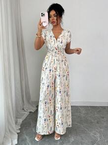 Elenzga Mono de pierna ancha con cintura ceñida y estampado, con cuello en V para mujer
