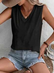 EMERY ROSE 大码女式简约黑色百搭修身纯色 V 领吊带背心，适合夏季