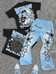 SHEIN 2pcs/Set Teen Boys Casual Round Neck Short Sleeve Printed T-Shirt And Classic Flared Sweatpants, Suitable For Spring/Summer