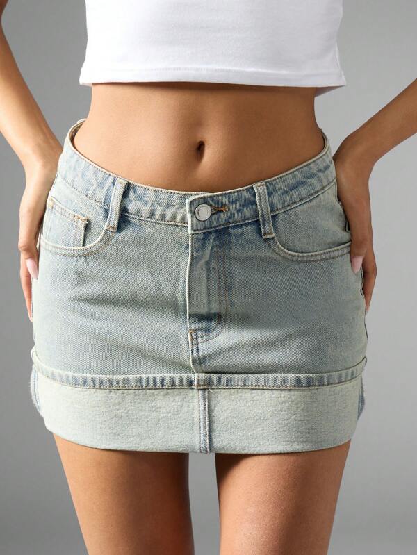 MISSGUIDED Denim Mini Skirt With Folded Waistband Summer Y2K Style Low Rise Fitted Thigh Length Casual Jean Bottom Spring Festival Outfit