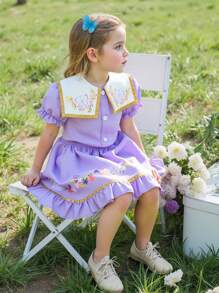 SHEIN 2pcs/Set Girls Vintage French School Style Sailor Top + Pleated Skirt Suit, Contrast Color Collar & Puff Sleeves, Cute & Sweet For Summer - Purple - View 1