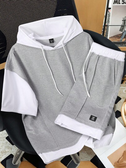 Claim Dot Zestaw 2 szt. męskich koszulek z kapturem i szortami w kontrastowym kolorze, plus size, letni, swobodny, ściągany sznurkiem, przytulny strój