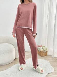 SHEIN Cottnline 2pcs Cotton Contrast Colour Piping With Slit Detail Homewear Set - Baby Pink - View 4