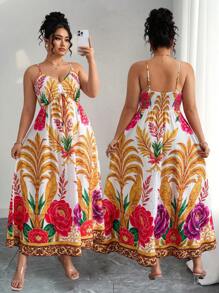 Celure 大码法式田园性感细肩带彩绘印花连衣裙，适合拍照、旅行，适合不同风格，娇小身材，可搭配针织开衫、牛仔外套