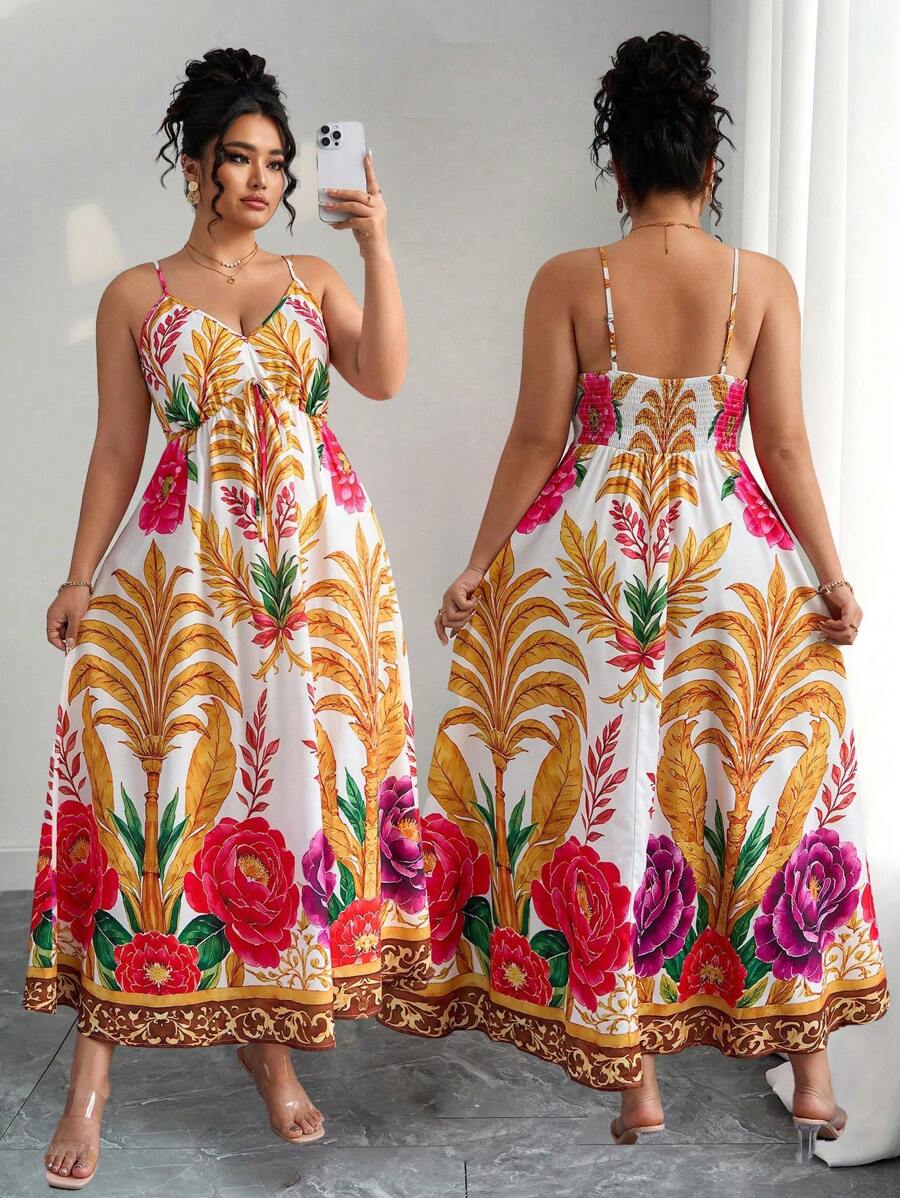 Celure 大码法式田园性感细肩带彩绘印花连衣裙，适合拍照、旅行，适合不同风格，娇小身材，可搭配针织开衫、牛仔外套