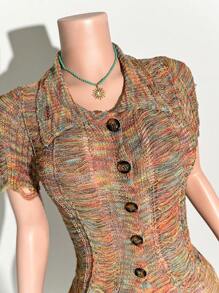 Slaydiva 2025 Noua vară casual sport de stradă casual acasă îmbrăcăminte vacanță la plajă casual vacanță stil simplu cămașă de bază guler rever deschis placket mânecă scurtă top din lână + pantaloni scurți înfășurați la șold dungi colorate costum de lână zdrențuit pulover pentru femei costum din două piese - Multicolor - Vizualizare 3