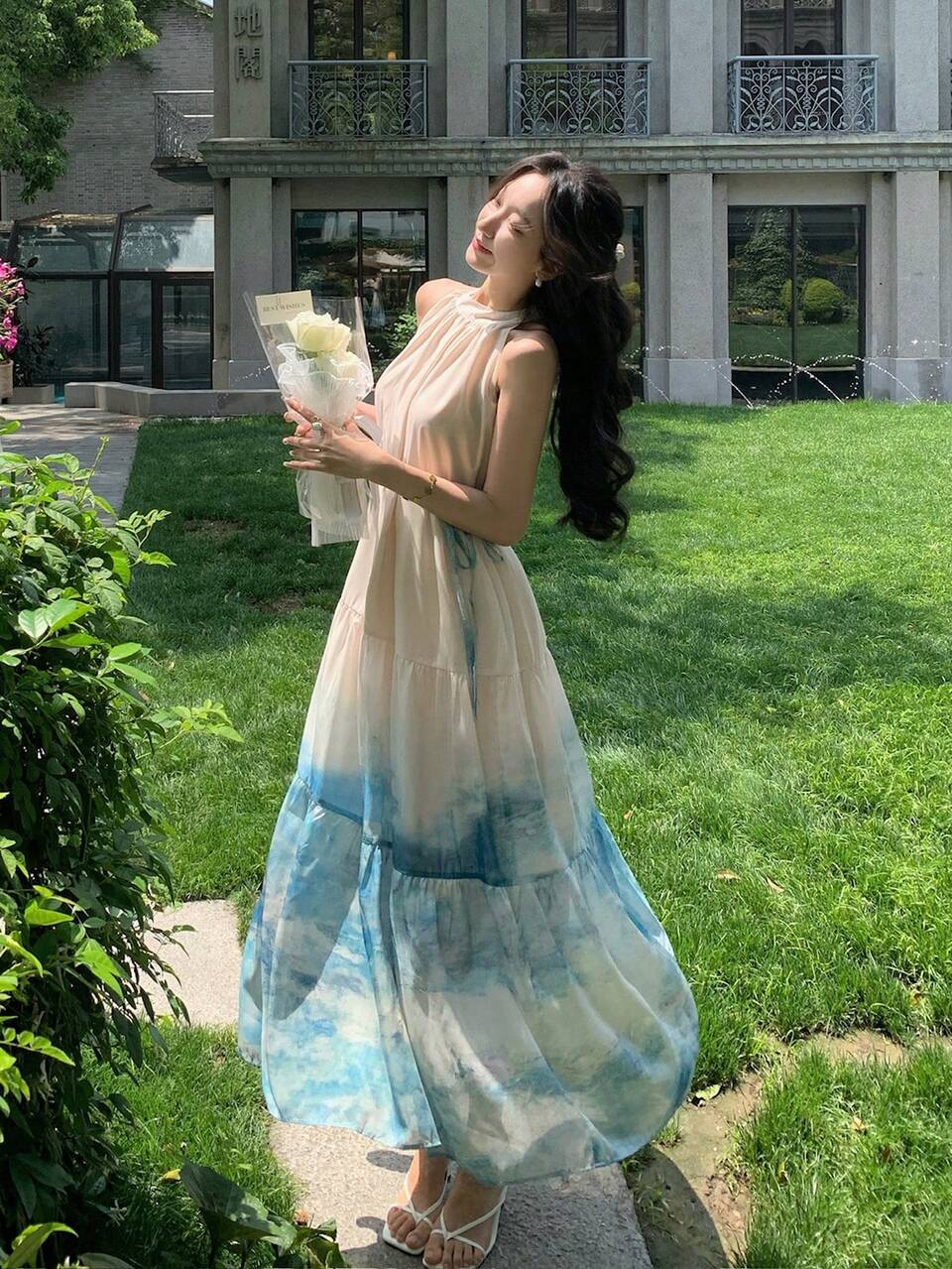 Ombre Floral Print Sleeveless Midi Dress For Women,Casual Women Dresses Wedding Guest Dress Women