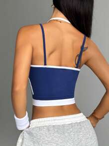 SHEIN Velisys Top deportivo de corte sencillo con cuello de halter y detalles a color, ideal para uso casual y actividad física diaria - Azul Marino - Ver 5