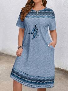 EMERY ROSE Plus Size Feather Print Dress For Summer Vacation,Sun Dresses For Women,Sundress Suitable For Going Out Chic Dress - Multicolor - View 4