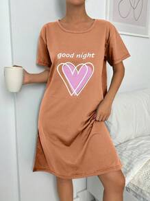 SHEIN Cottnline Áo ngủ cổ tròn tay ngắn in hình trái tim và họa tiết khẩu hiệu 100% Cotton - Màu Hồng  San hô - Xem 5