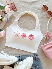 Veykashi Plus Size Women Casual Pink Starfish Shell Floral Pattern Backless Camisole Top, Suitable For Summer