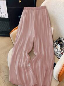 SHEIN PETITE 女士百搭珍珠光泽纹理宽松长裤，春夏 - 粉色 - 查看 4