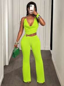 BamGleam Women Neon Green Metal Hoop Spaghetti Strap Cutout Jumpsuit - Green - View 4