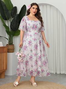 Modelyn Vestido Maxi Talla Grande con Escote Cuadrado, Estampado Floral, Mangas con Volantes y Cintura Ceñida, Elegante & Romántico, Primavera/Verano - Multicolor - Ver 4