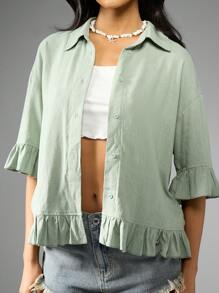 MISSGUIDED Áo sơ mi vải lanh xếp nếp cài nút mùa hè đi biển nghỉ dưỡng thường ngày tay dài quá khổ áo cuối tuần Giáng sinh - màu xanh lá - Xem 6