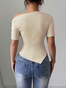 Gloray Damen Frühlings-/Sommer-Schulterfrei Gerafftes Asymmetrisch Saum Strickbund Elastisch Anliegend T-Shirt, Lässig & Modisch, Dehnbar Damen Top