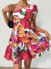 Breezaya 不对称领花卉印花优雅短袖连衣裙 - 彩色 - 查看 3
